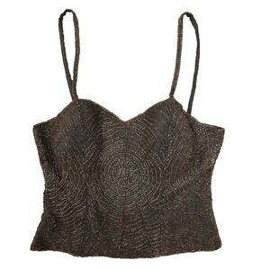 Bebe Women's Moda Dark Grey Brown Silk Beaded Y2K Bustier Crop Top size Large